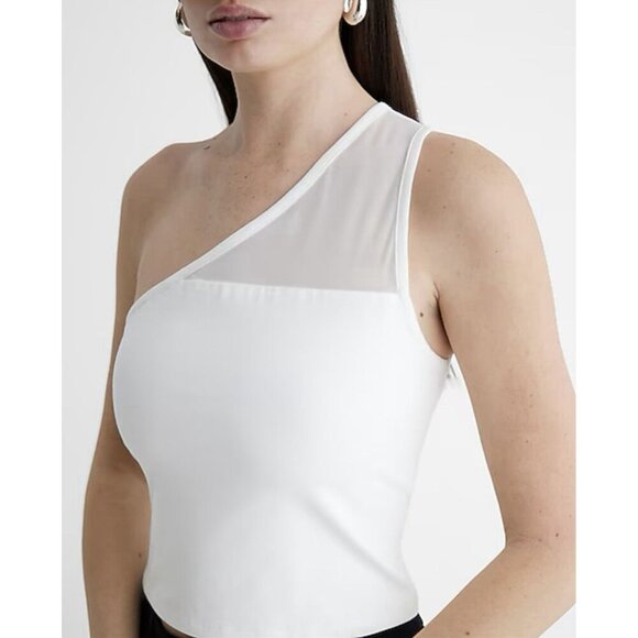 Express Womens Body Contour Stretch One Shoulder Mesh Cropped Tank White Size XS - Picture 2 of 16
